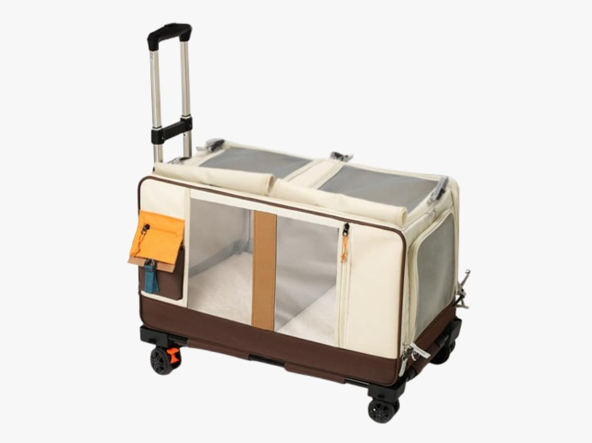 Large Cat Carrier with Wheels for 2 Cat, Double Rolling Pets Carrier on Wheel, Folding Soft-Sided Carriers with Telescopic Handle, Shoulder Strap Removable Soft-Sided Bag for Car, Vet, Outing