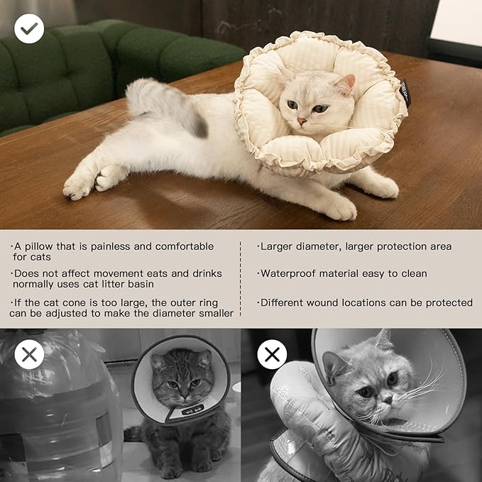 H HIDREAM Soft Cat Cone Collar, Cute Adjustable Cat Recovery Collar,Elizabethan e Collar that can Protect Head and Foot Wounds,Egg White All-Season Style