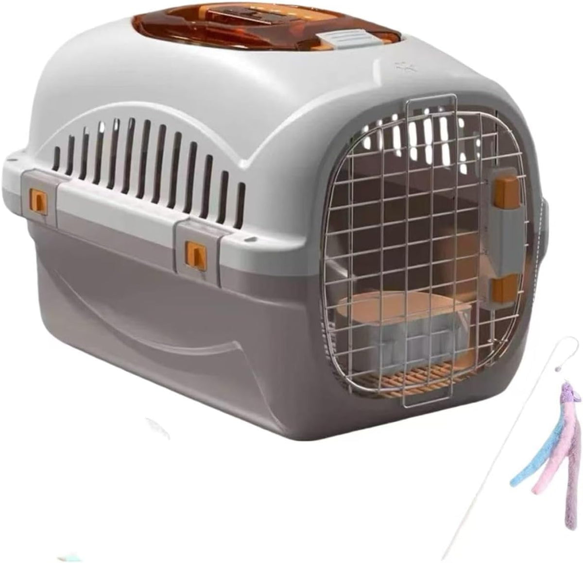 Hard Top Load Cat Carrier,Airline Pet Carrier,Cat Carrier Hard Shell, 360° Ventilation, Front Metal Door, Secure Latches,Includes Feather Wand,Hiking Car Travel Crate for Cats Small Dogs (Gray Set)