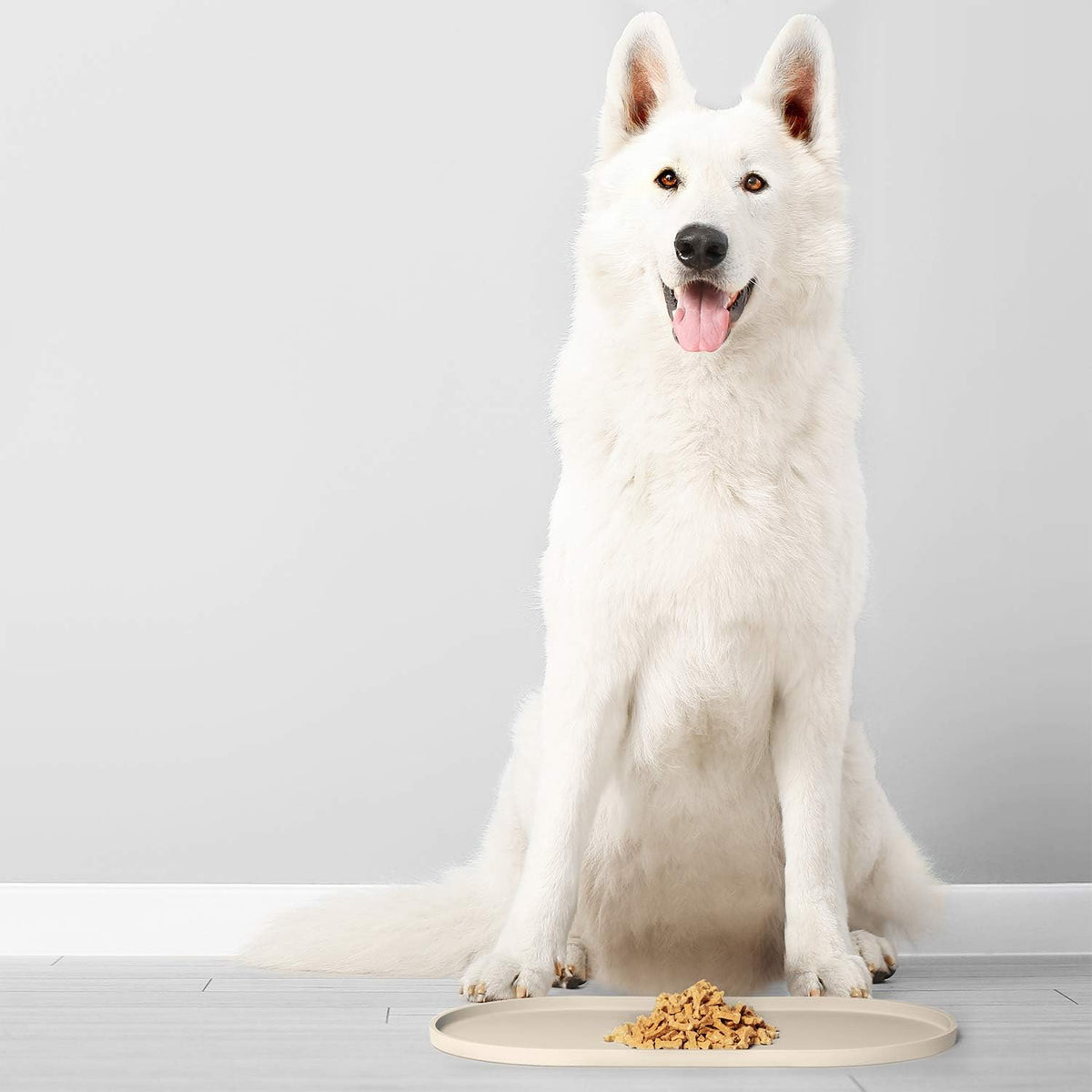 DogBuddy Dog Food Mat - Waterproof Dog Bowl Mat, Silicone Pet Mat for Food and Water Bowls, Nonslip Pet Feeding Mat with Edges, Dogs Food Mats for Floors, Puppy Supplies (Small, White Sand)