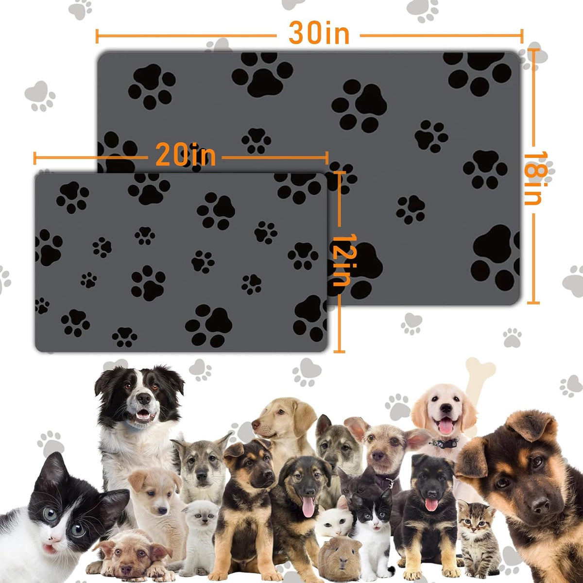 18"×30" Dog Food Mat-Absorbent Dog Mat for Food and Water, No Stains Quick Dry Cat Food Bowl Mat with Footprints for Messy Drinkers,Dark Grey