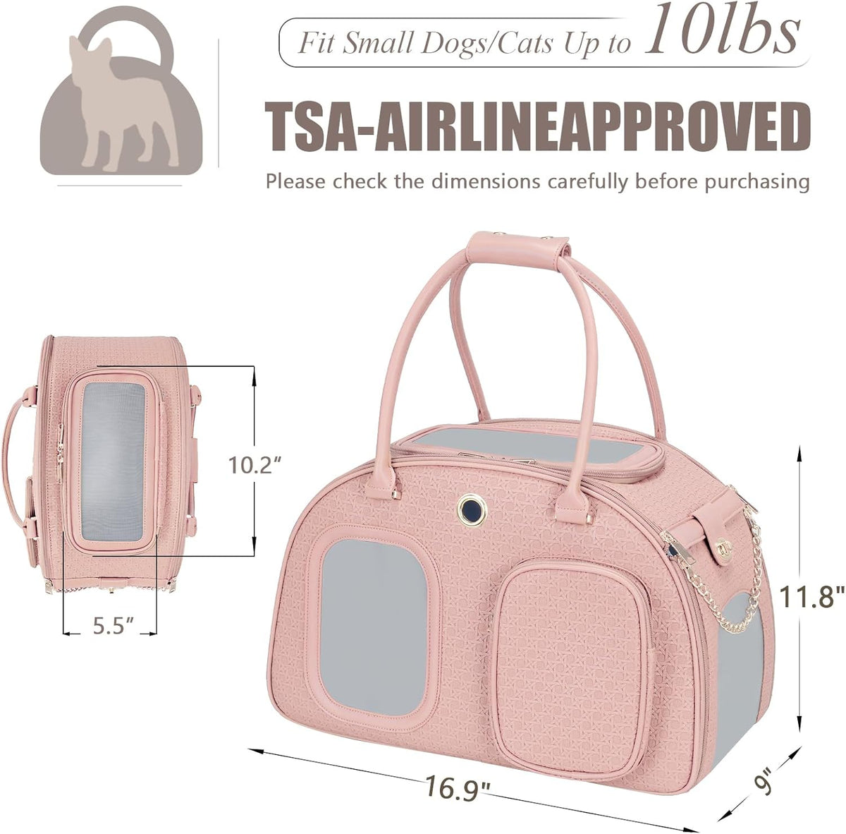 Stylish Luxury Dog Carrier Purse for Small Dogs, Ventilated Pet Soft-Sided Dog Cat Carrier Travel Tote Bag for Puppies Small Animals with Pockets (Pink, 16.9inch x 9inch x 11.8inch(LxWxH))