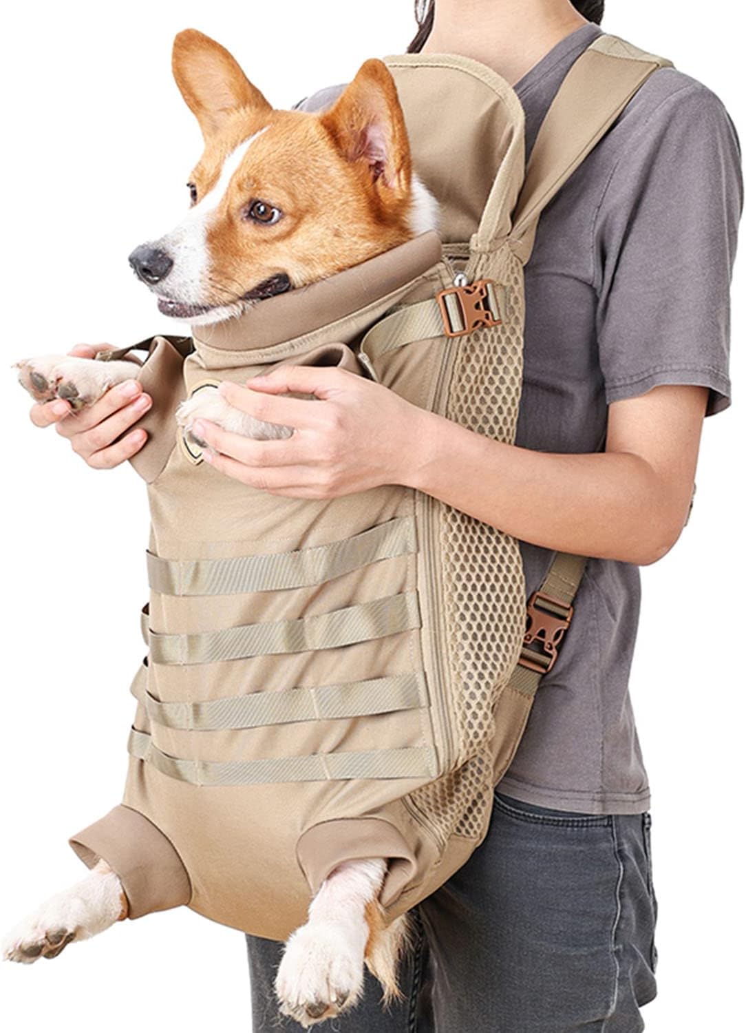 FLAdorepet Dog Carrier Tactical Backpack for Medium Large Dogs,Soft Hands-Free Legs Out Pet Front Cat Dog Carrier Backpack Travel Bag for Outdoor Traveling Hiking Camping (Medium, Khaki)