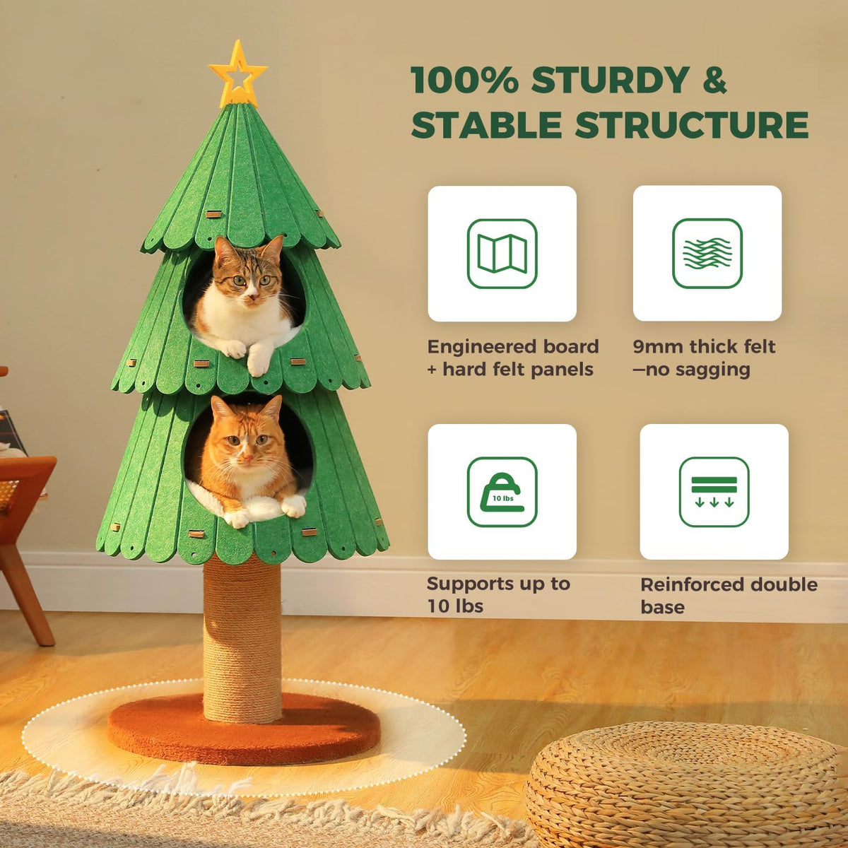 42.9 Inch Christmas Cat Tree for Indoor Cats, Cute Cat Tower with 2 Cozy Houses, Holiday Kitty Climbing Furniture for Kittens to Play and Sleep