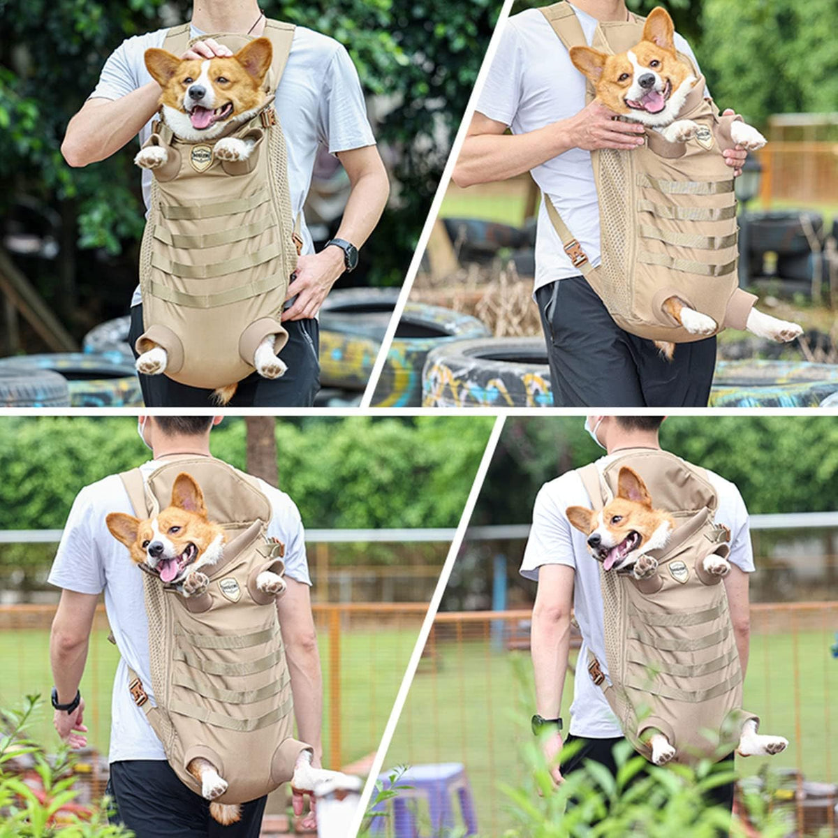 FLAdorepet Dog Carrier Tactical Backpack for Medium Large Dogs,Soft Hands-Free Legs Out Pet Front Cat Dog Carrier Backpack Travel Bag for Outdoor Traveling Hiking Camping (Medium, Khaki)