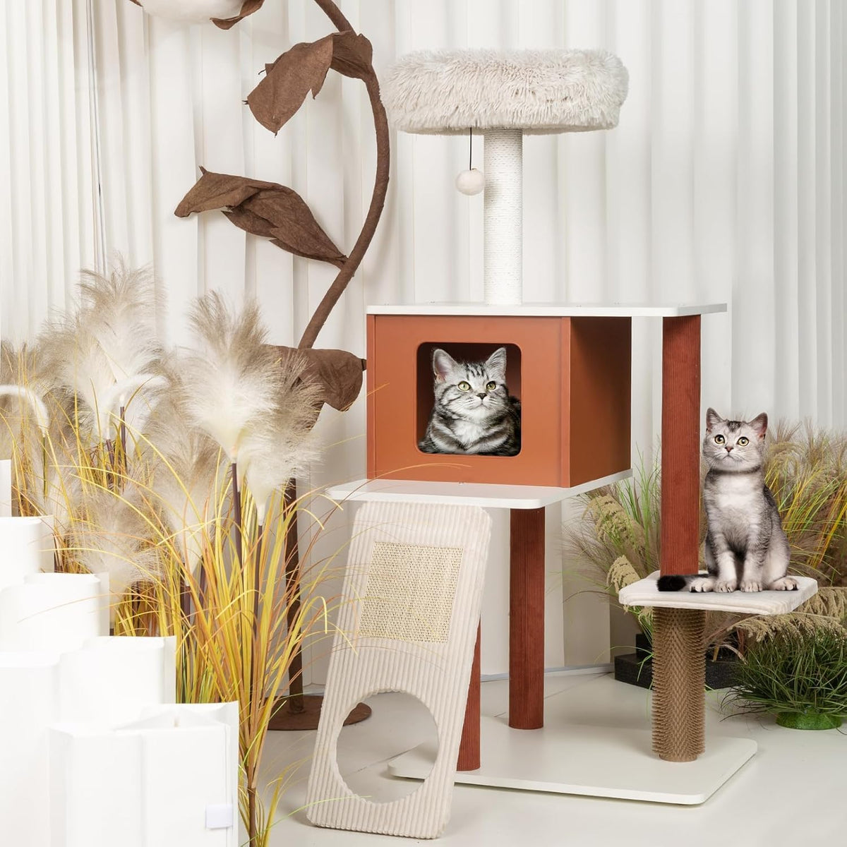 Premium 50in Modern Cat Tree with Solid Wood Frame - Multi-Level Activity Center for 3-5 Small to Medium Cats, Featuring Paper Rope Scratching Posts, Plush Top Perch, Enclosed Condo & Hanging Toy