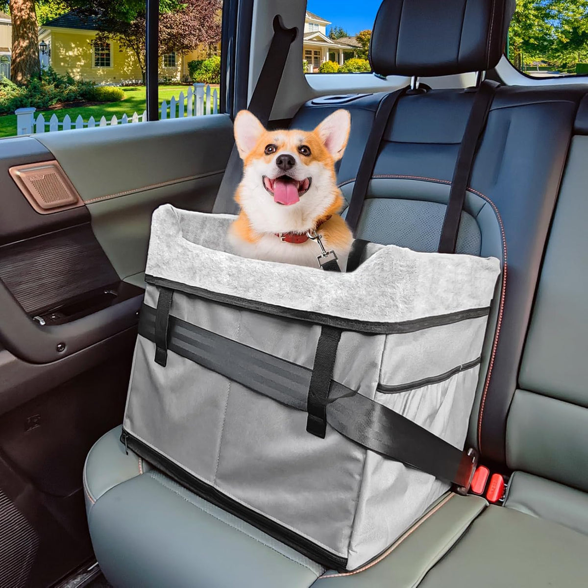 Vivifying Dog Car Seats for Small Dogs, Portable Dog Booster Car Seat with Storage Pockets and Safety Belt, Comfortable Travel Bed for Small Pets Up to 25lbs (Gray)