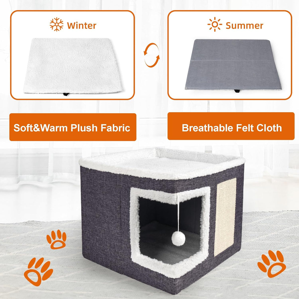 Cat Houses for Indoor Cats - Large Cat Bed Cave with Scratch Pad and Fluffy Ball, Foldable Cat Condo Hideaway with Reversible Cushion for Multi Small Pet, Dark Grey