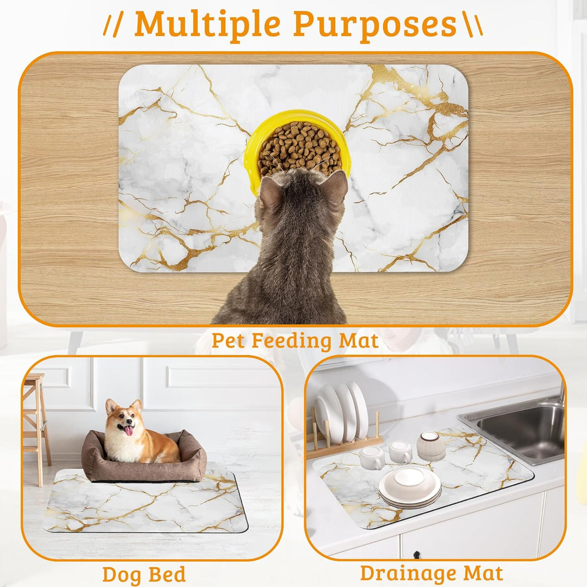 Abstract Marble Dog Food Mat,White Gold Absorbent Pet Feeding Mat for Food and Water Bowl,Quick Dry Dog Placemat Non Slip Rubber Backing Waterproof Pet Supplies 16" x 24"