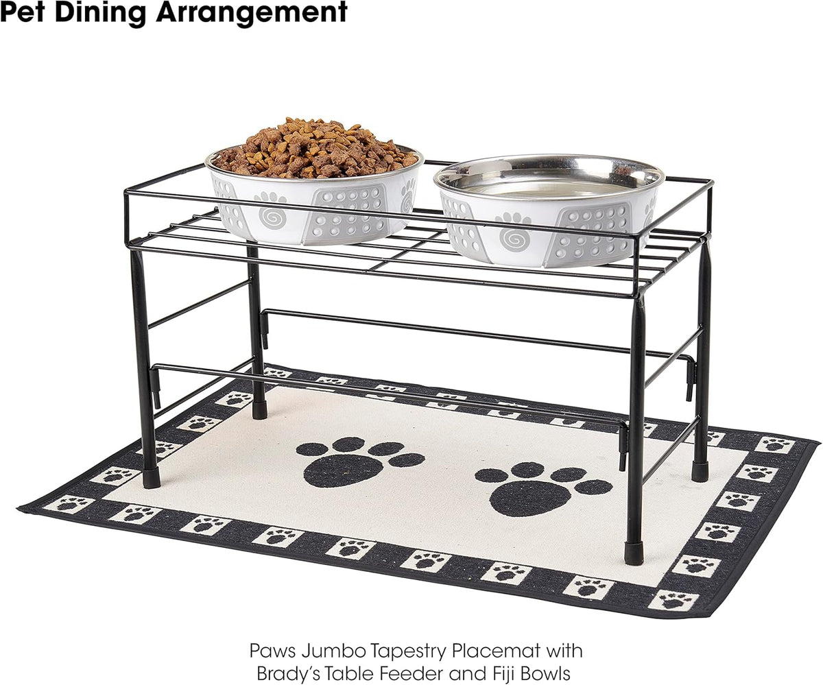 PetRageous 12049 Paws Jumbo Tapestry Dog and Cat Non-Skid Machine Washable Placemat for Pet Feeding Areas with Rubber Backing 18-Inch by 28-Inch for Dogs and Cats, Black and Natural (Pack of 2)