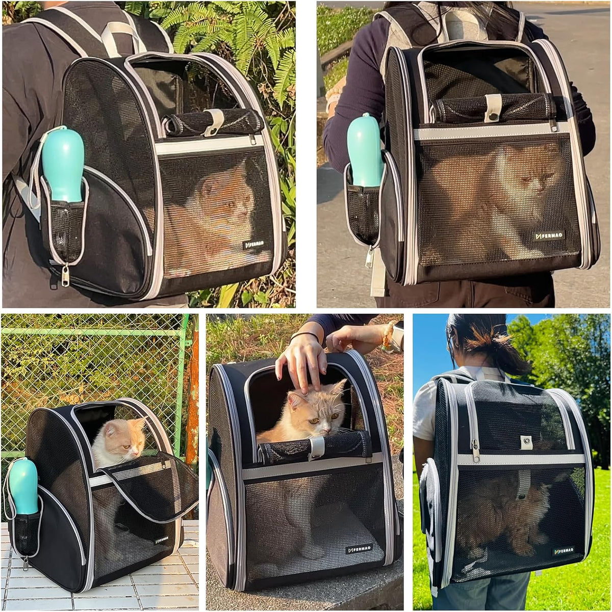 Cat Backpack Carrier for Small Dogs and Medium cat Puppy Kitten Bunny Pet Carrier Backpack Collapsible with Fully Ventilated Mesh with Safety Leash (Black, 12.9" L x 10.62" W x 15.5" H - M)