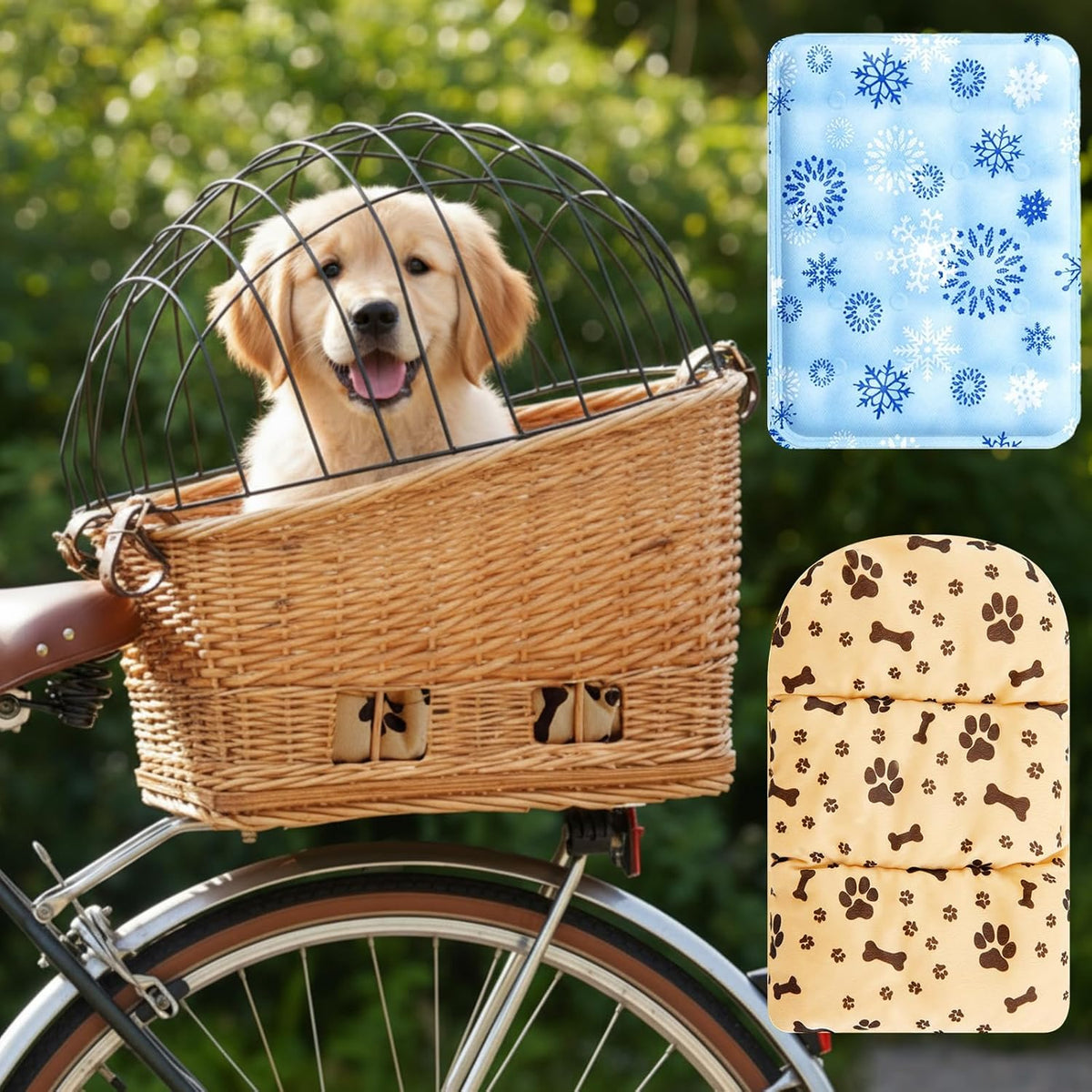 Wicker Dog Bike Basket, Rattan Pet Carrier for Small Dogs Cats with Protective Grille, Includes Ice Pad and Soft Cotton Cushion, for Secure Bicycle Rear Luggage Rack