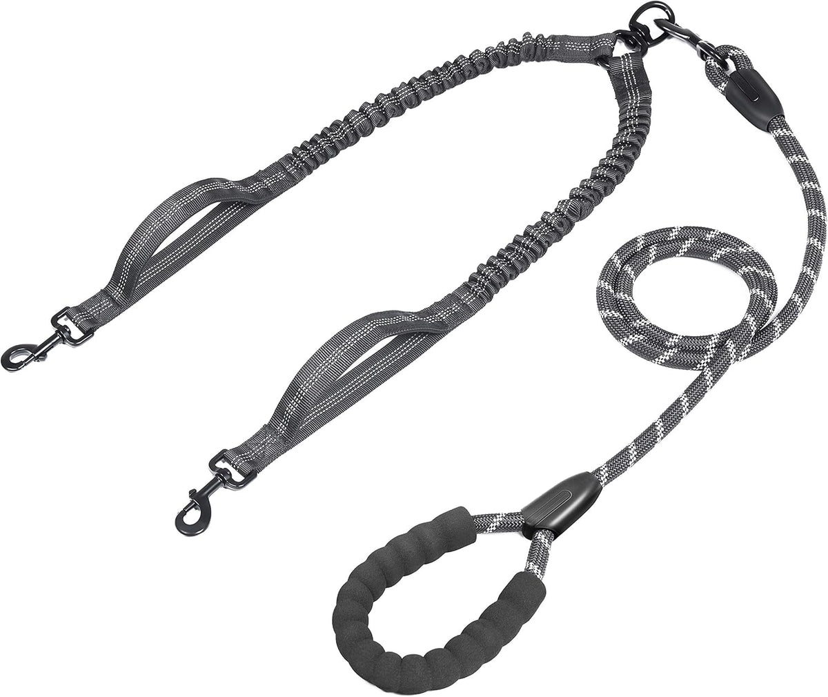 Double Dog Leash with Two Extra Traffic Handles, 360 Swivel No Tangle Dual Dog Walking Leash, Comfortable Shock Absorbing Reflective Bungee for Two Dogs (18~120 lbs, Black)