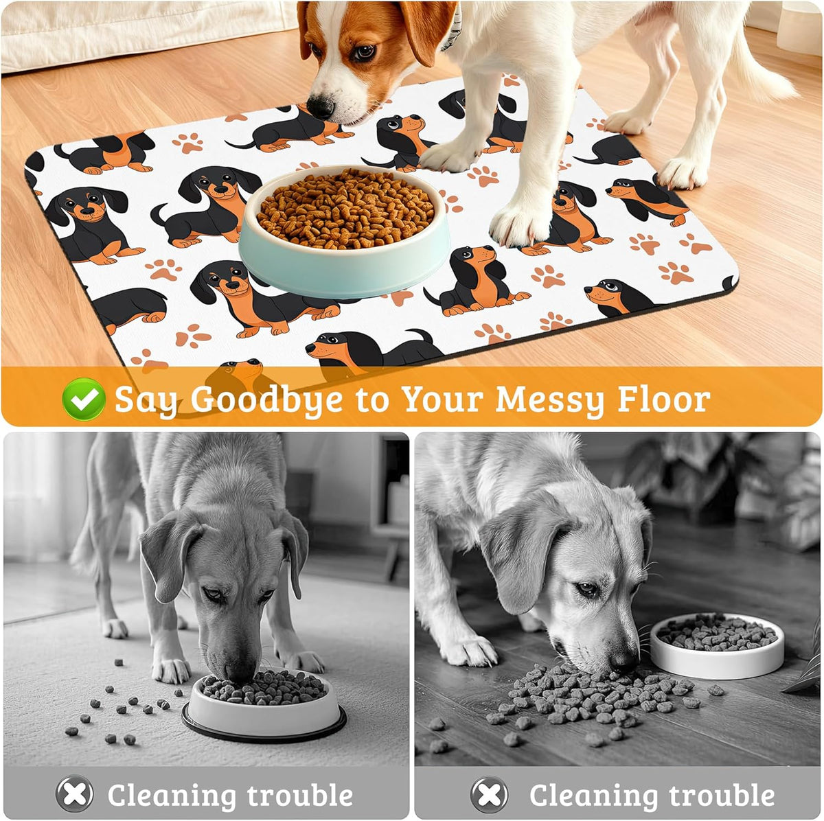 Dog Bowl Mat,Dog Dachshund Pet Feeding Mat for Floors Waterproof,Grey Paws Absorbent Dogs Placemat for Food and Water Quick Dry Pet Cat Feeding Mats with Non Slip Bottom 16" x 24"