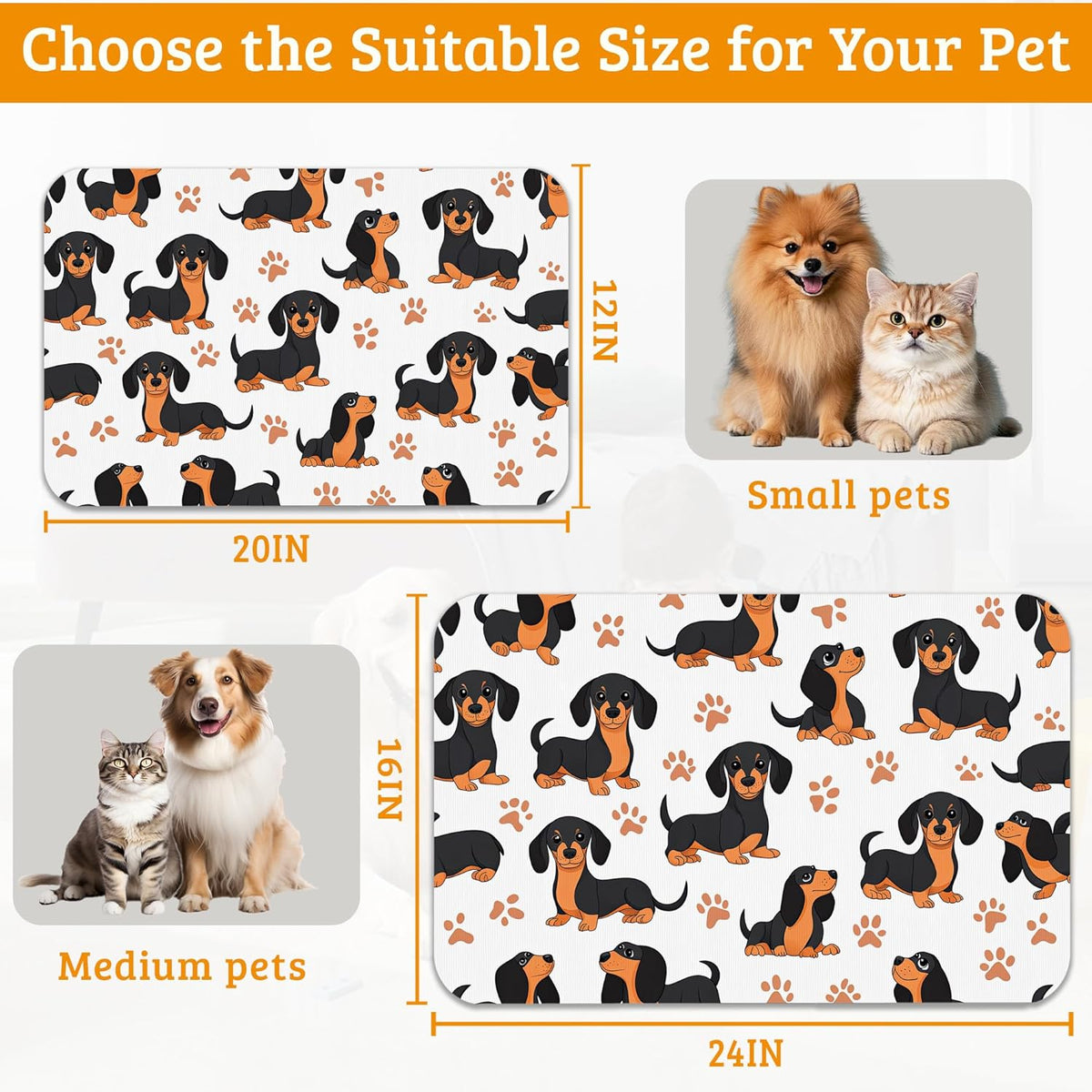 Dog Bowl Mat,Dog Dachshund Pet Feeding Mat for Floors Waterproof,Grey Paws Absorbent Dogs Placemat for Food and Water Quick Dry Pet Cat Feeding Mats with Non Slip Bottom 16" x 24"