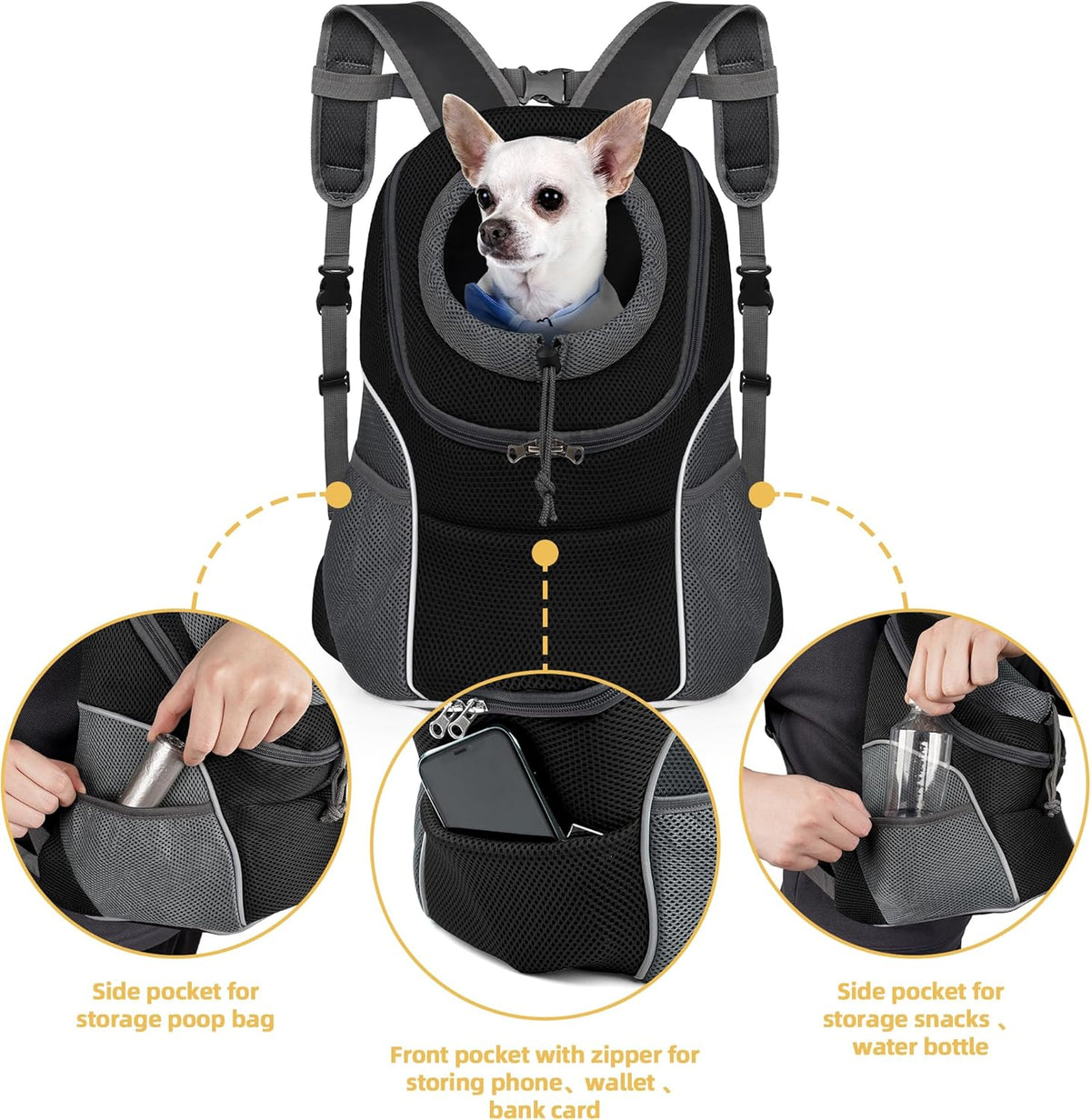 WOYYHO Pet Dog Carrier Backpack Small Dog Front Backpack Ventilated Dog Carrier Back Pack with Storage Pockets, Adjustable Straps & Safety Belt for Travel Hiking Outdoor (Size M: 5-9 lbs, Black)