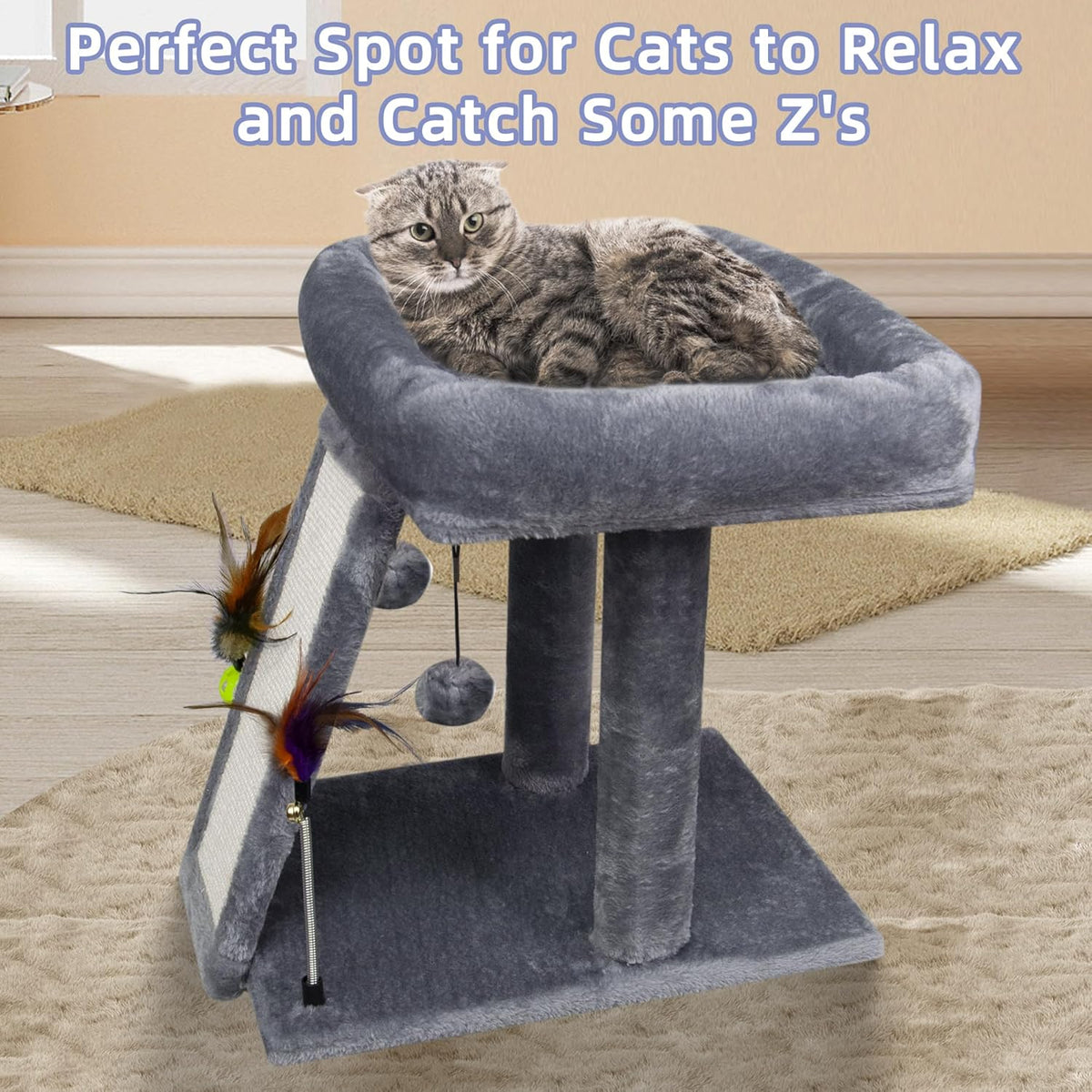 TWDEPART Cat Tree Tower with Cat Scratching Post for Indoor Cats, Activity Centre Climbing Tree with Scratching Board and Playful Toy Balls, Grey