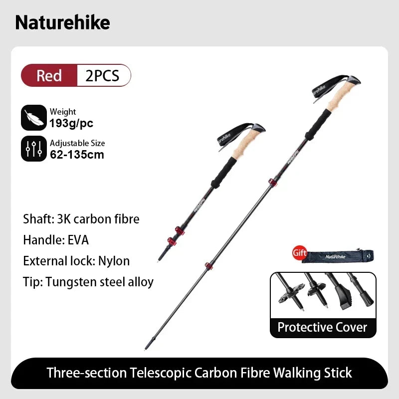 Naturehike Carbon Fiber Trekking Poles 2 Pack Telescopic Sticks
