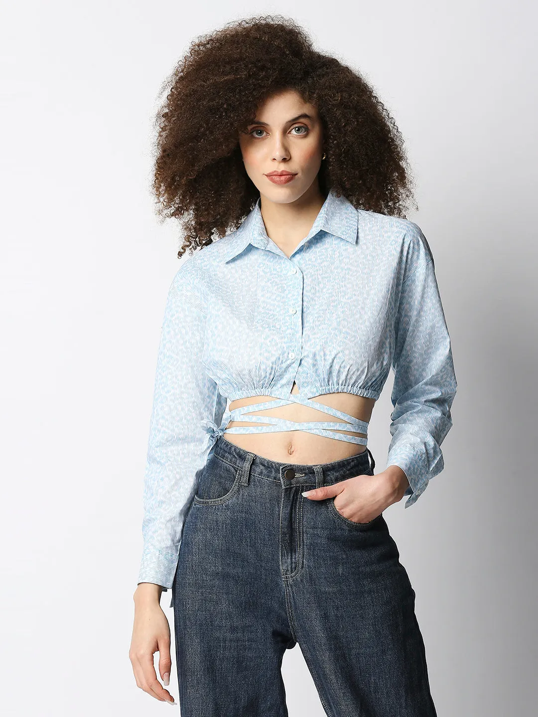 Disrupt Women Light Blue Animal Print Tie-up Cropped Shirt