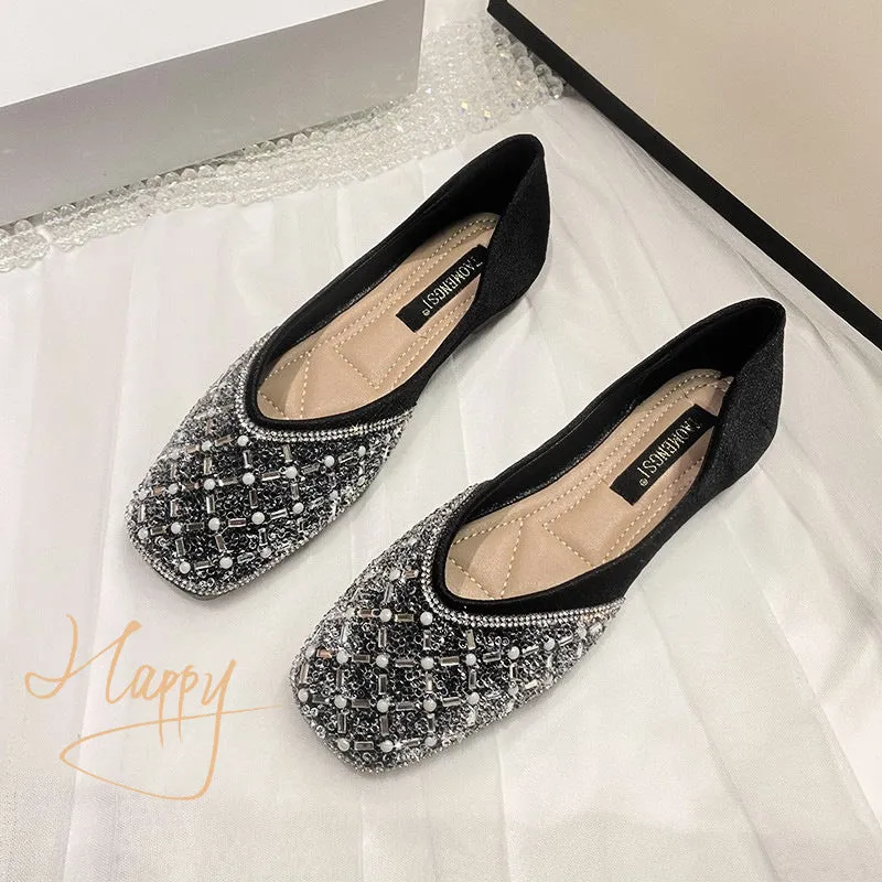 Elegant Chic Beaded Soft Leather Flats