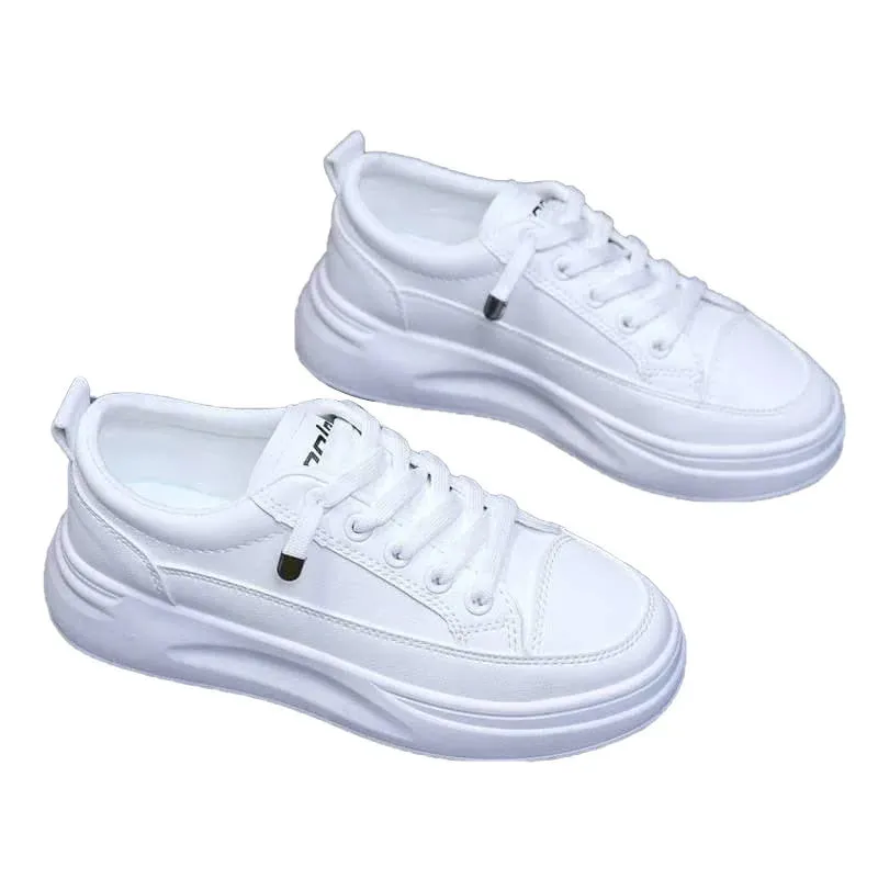 Fashionable Thick-Soled White Lace-Up Sneakers for Women