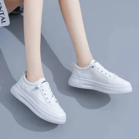 Fashionable Thick-Soled White Lace-Up Sneakers for Women