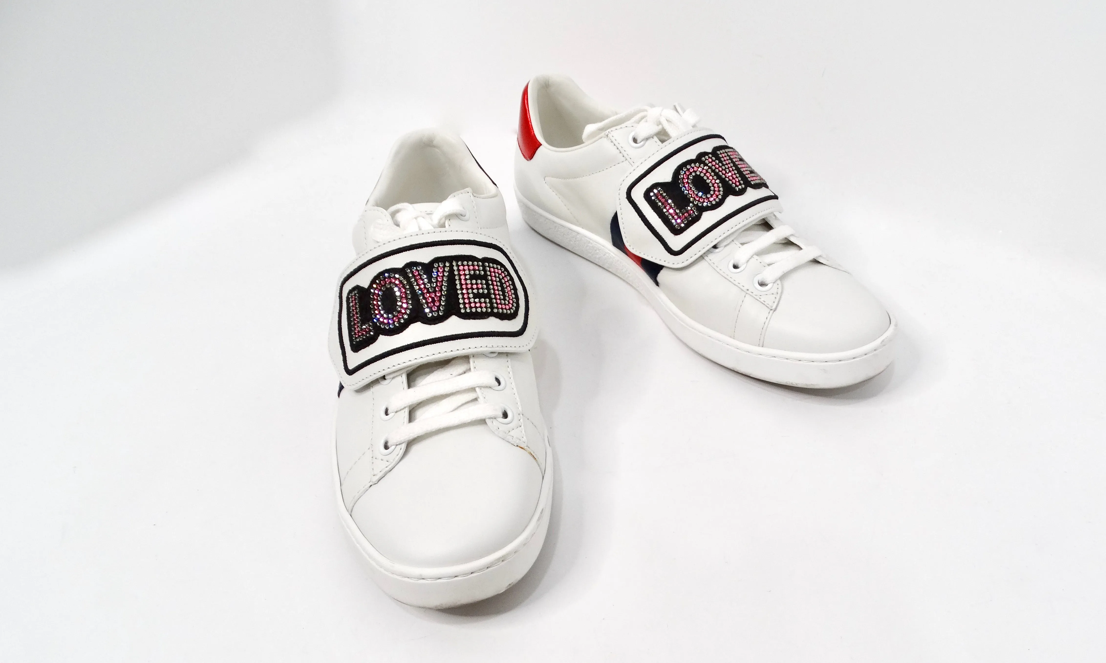 Gucci Crystal Web "LOVED" White Calfskin Leather Sneakers