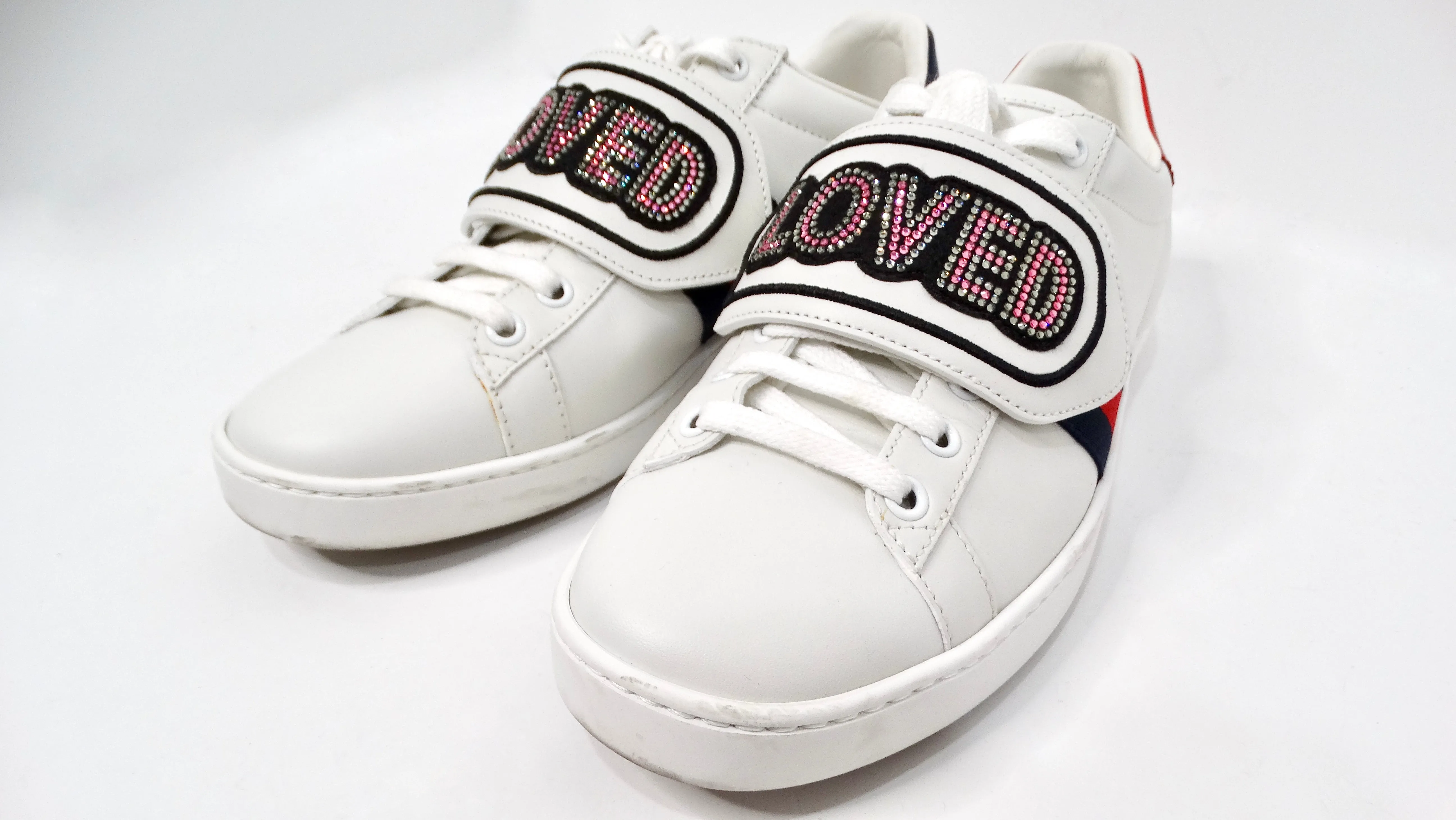 Gucci Crystal Web "LOVED" White Calfskin Leather Sneakers