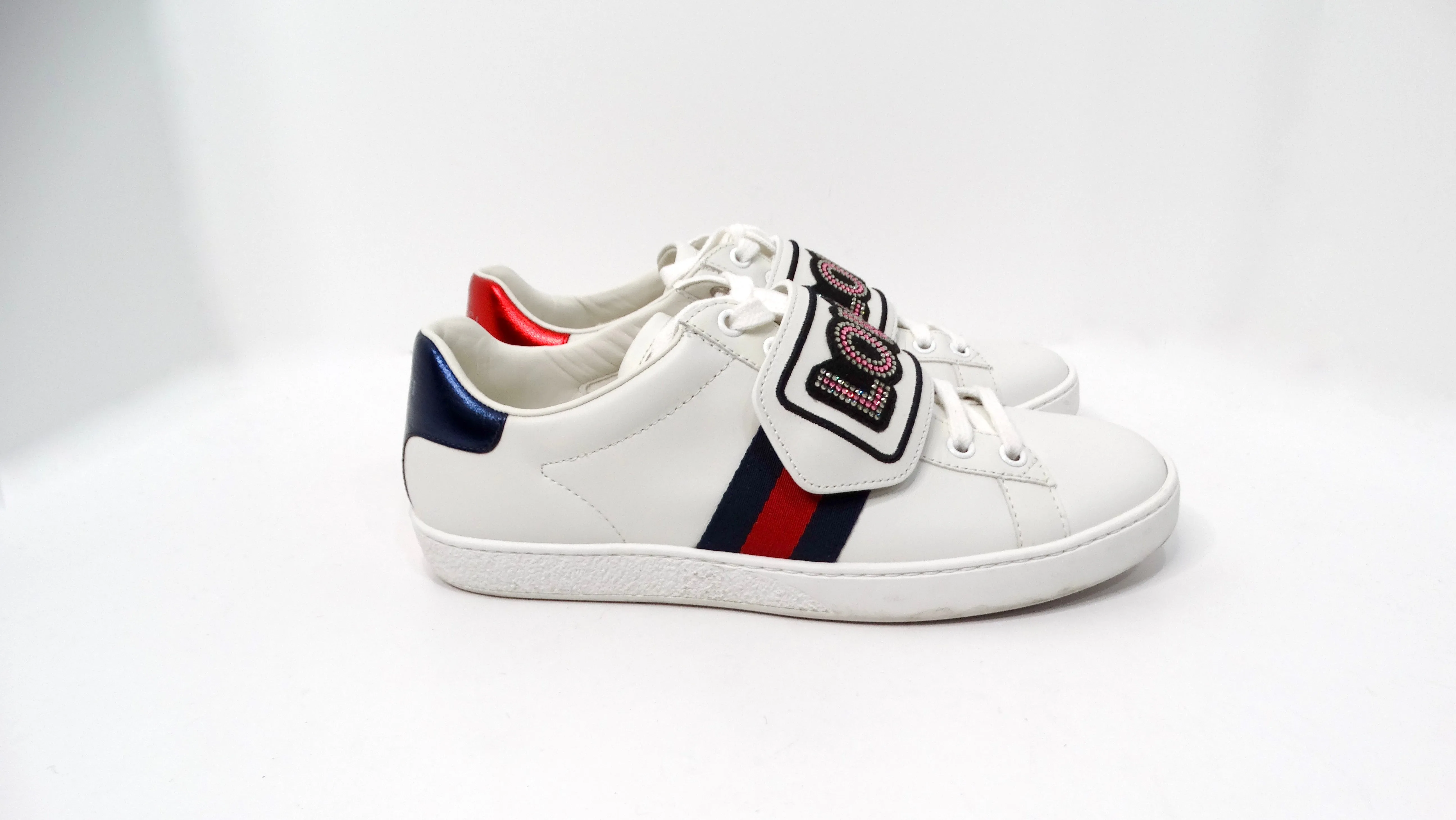 Gucci Crystal Web "LOVED" White Calfskin Leather Sneakers