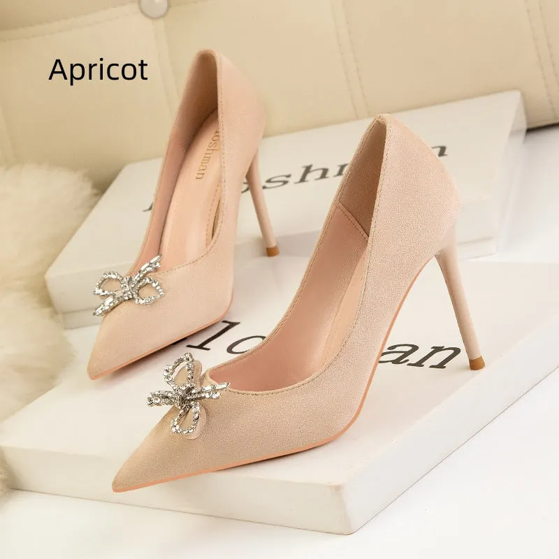 High Heel Rhinestone Bow Suede Shoes