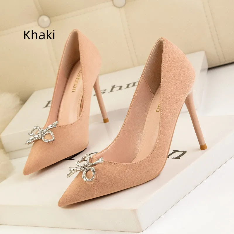 High Heel Rhinestone Bow Suede Shoes