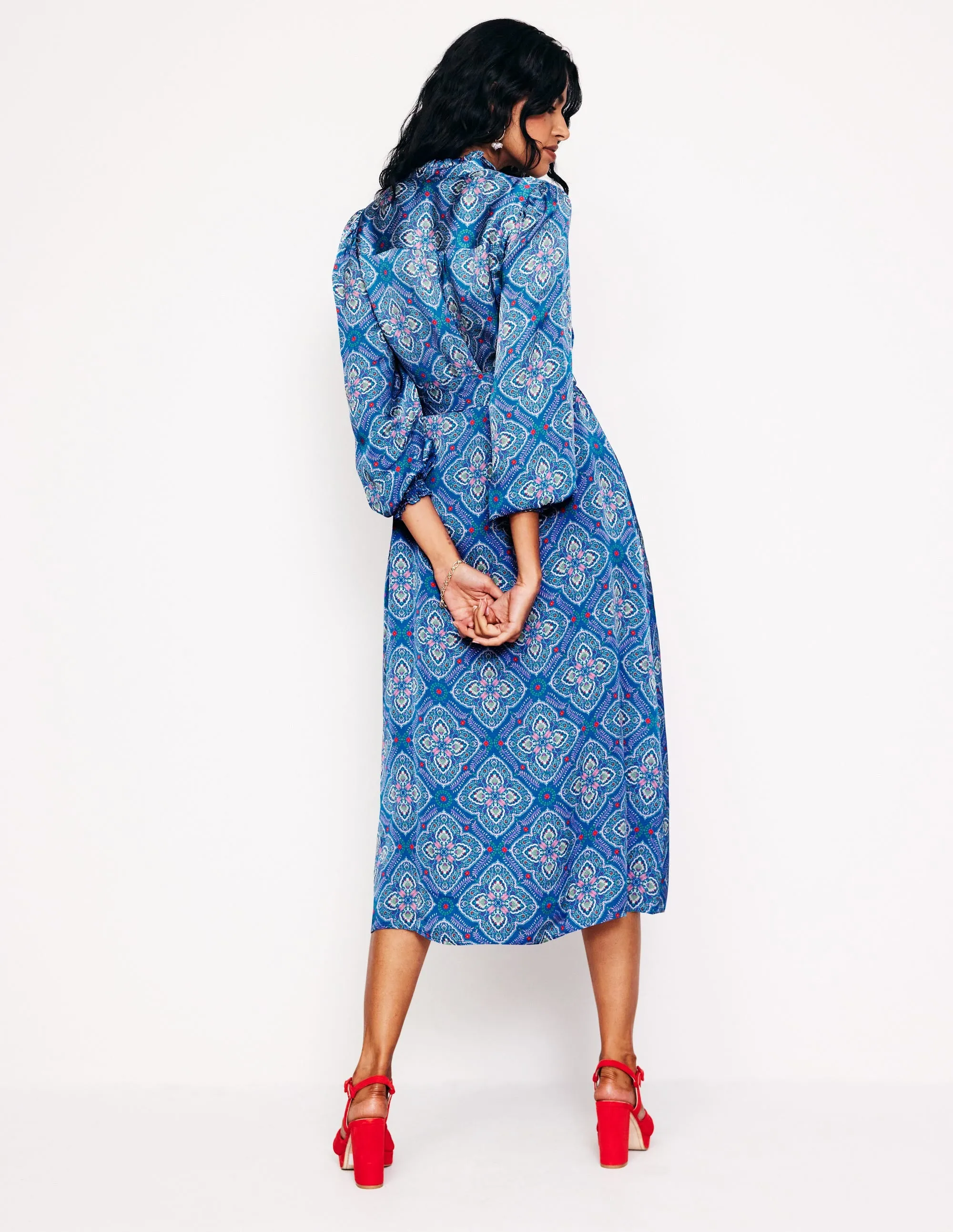 Jasmine Satin Midi Dress-Directoire Blue, Ornate Mosaic