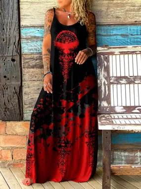 Viking Bird Ethnic Pattern Gradient Print Slip Maxi Dress